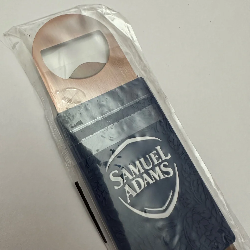Samuel Adams Flat Metal Bottle Opener Brushed Finish With Textured Grip Blue